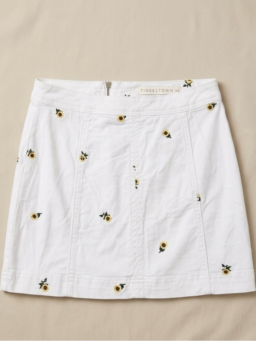 Tinseltown White Mini Skirt with Yellow Sunflower Embroidery